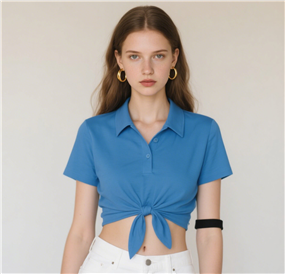 蓝色肚脐装衬衫美女写真摄影图片